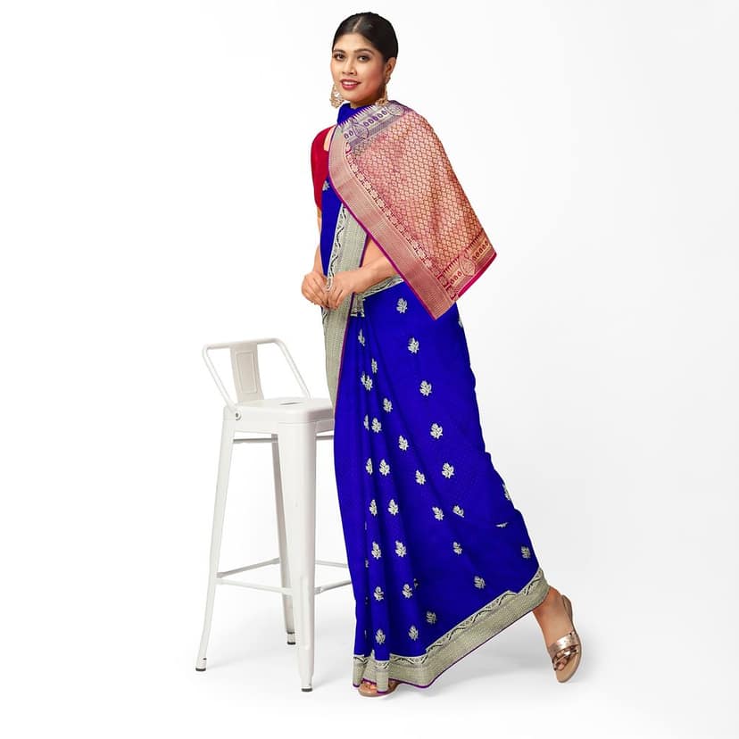 Dark Blue Small Floral Butta Saree with Unstitched Blouse view 2
