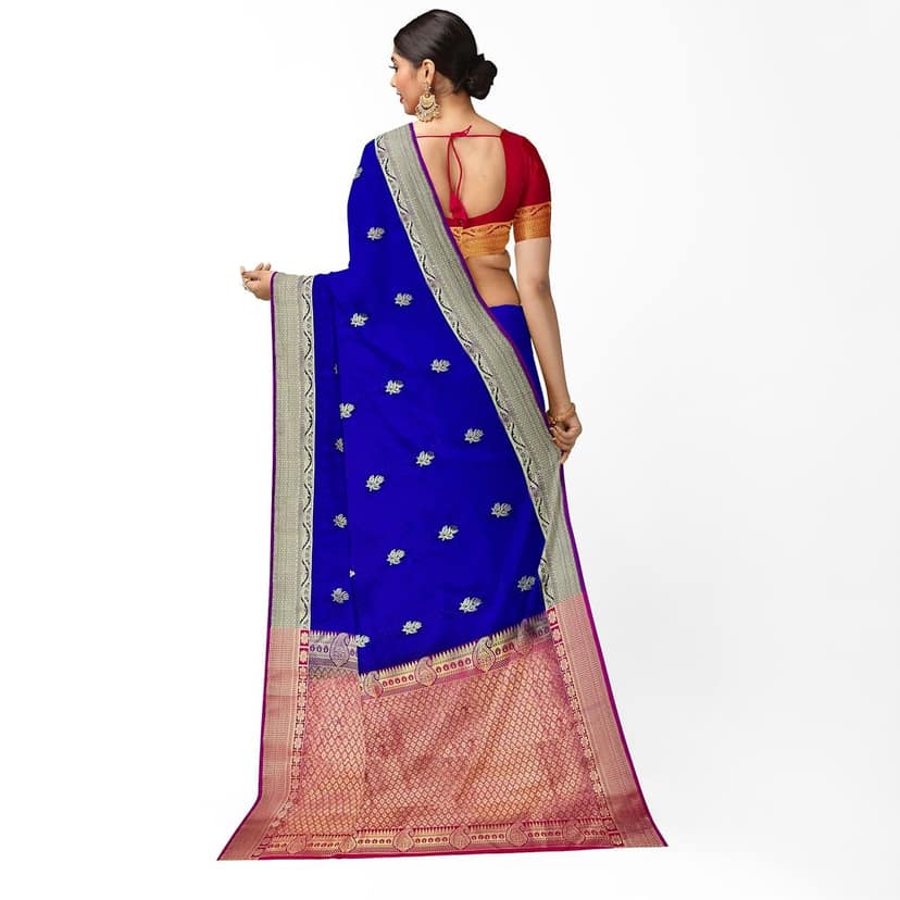 Dark Blue Small Floral Butta Saree with Unstitched Blouse view 3