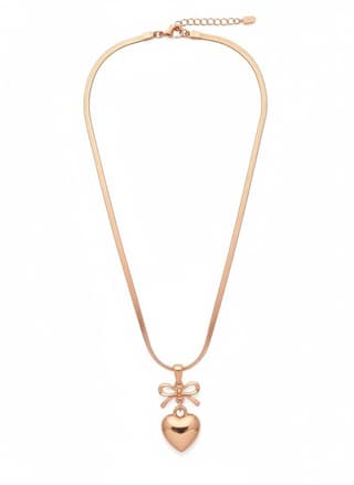 GemGleam - Rose Gold Heart Pendant Necklace for Women and Girls, Bow Design Charm with Chain, Elegant Minimal Jewelry Gift for Birthday Anniversary