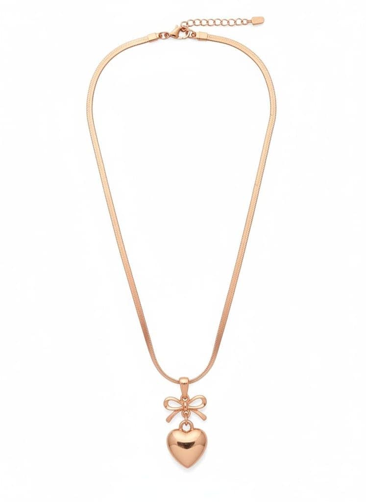 GemGleam - Rose Gold Heart Pendant Necklace for Women and Girls, Bow Design Charm with Chain, Elegant Minimal Jewelry Gift for Birthday Anniversary