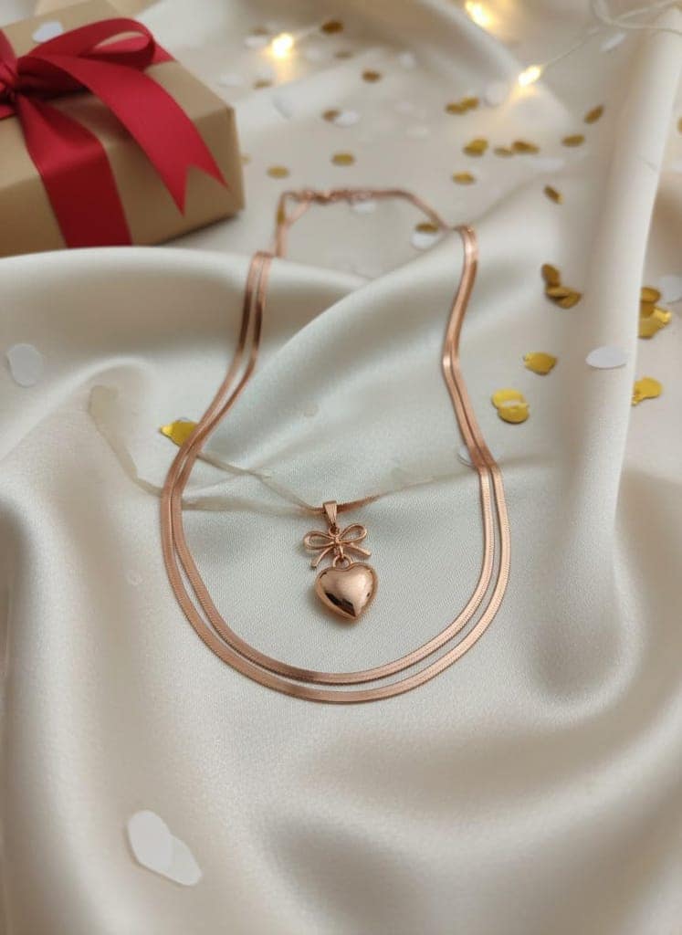 GemGleam - Rose Gold Heart Pendant Necklace for Women and Girls, Bow Design Charm with Chain, Elegant Minimal Jewelry Gift for Birthday Anniversary view 4