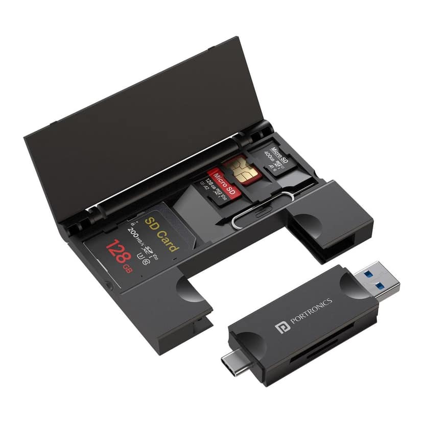 Portronics Mport 30 Plus Card Reader with Storage Case for microSD & SD Cards, Type-C & USB Dock Dual Plugs, Carry Case for microSD, SD, SIM Cards and SIM Ejector Tool (Black)