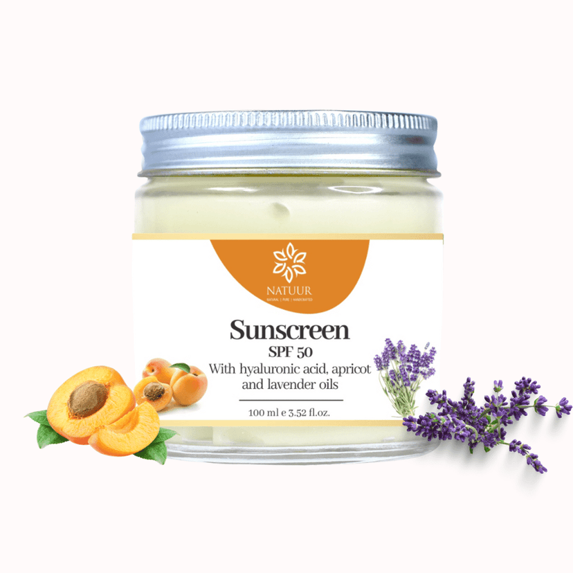 Natuur SPF 50 Sunscreen with Hydrating Hyaluronic Acid-100ml | For Anti-tan and Radiant Skin | Apricot & Lavender Oils with Hyaluronic Acid For Intense Sun Protection, Hydration & Glow | Lightweight & Non-Greasy Formula view 4