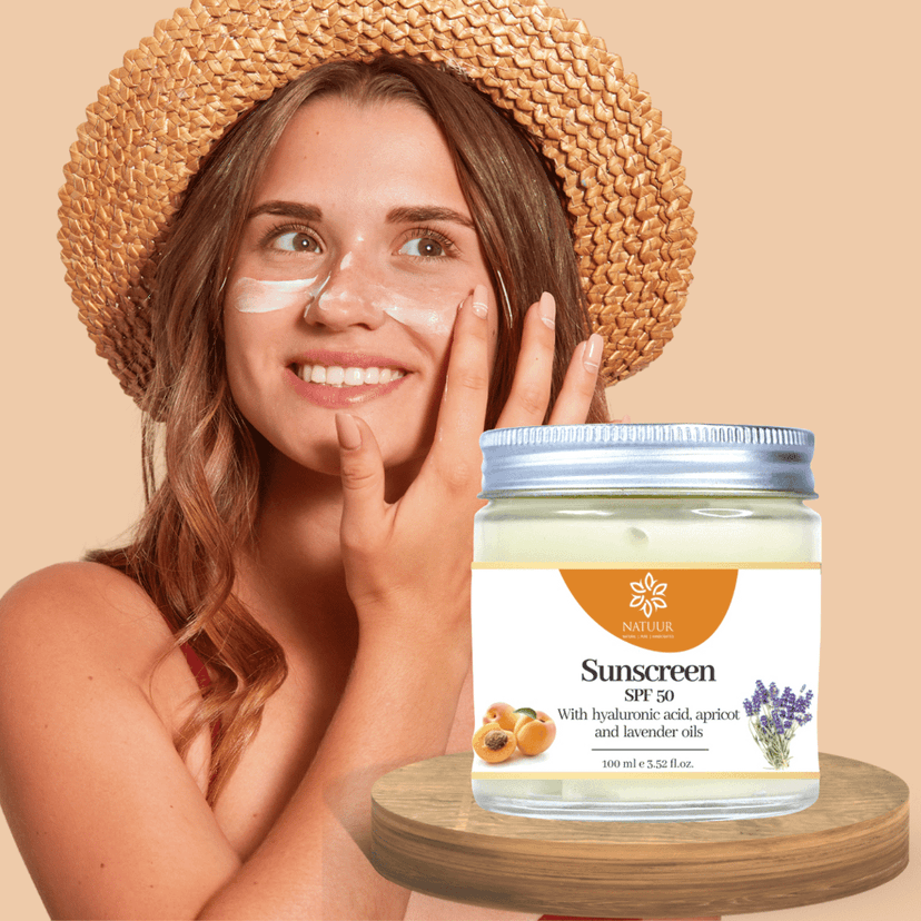 Natuur SPF 50 Sunscreen with Hydrating Hyaluronic Acid-100ml | For Anti-tan and Radiant Skin | Apricot & Lavender Oils with Hyaluronic Acid For Intense Sun Protection, Hydration & Glow | Lightweight & Non-Greasy Formula view 5