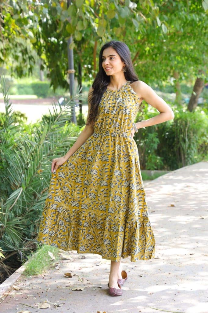 Pure Cotton Halter Neck Midi Green Dress Hand Block Printed (Size: 38-46)-6018 view 2