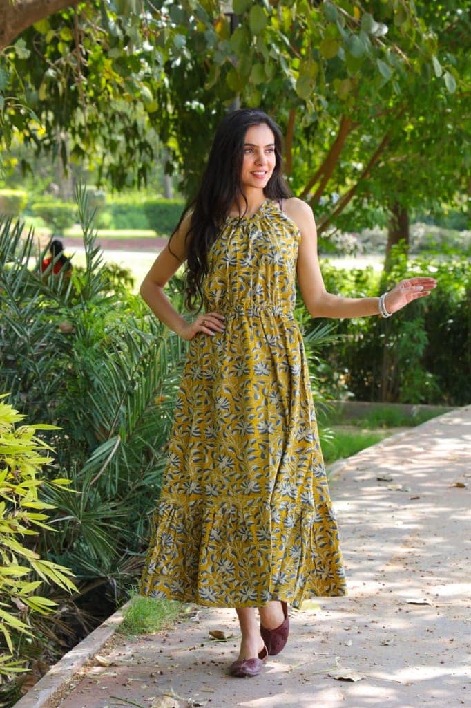 Pure Cotton Halter Neck Midi Green Dress Hand Block Printed (Size: 38-46)-6018 view 4