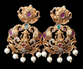 14k Gold Plated Goddess Lakshmi Antique Earrings with Ruby and Pearl