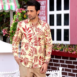 Ruby Red tropical Palm Crayola Lemon Casual Pure Linen Full Shirt (Size - S) by BLUE EAGLE