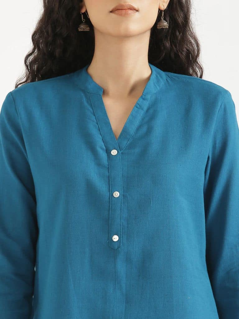 Women's Solid Cotton Kurta with 3/4th Sleeves and Round Neck (Teal Blue) view 6