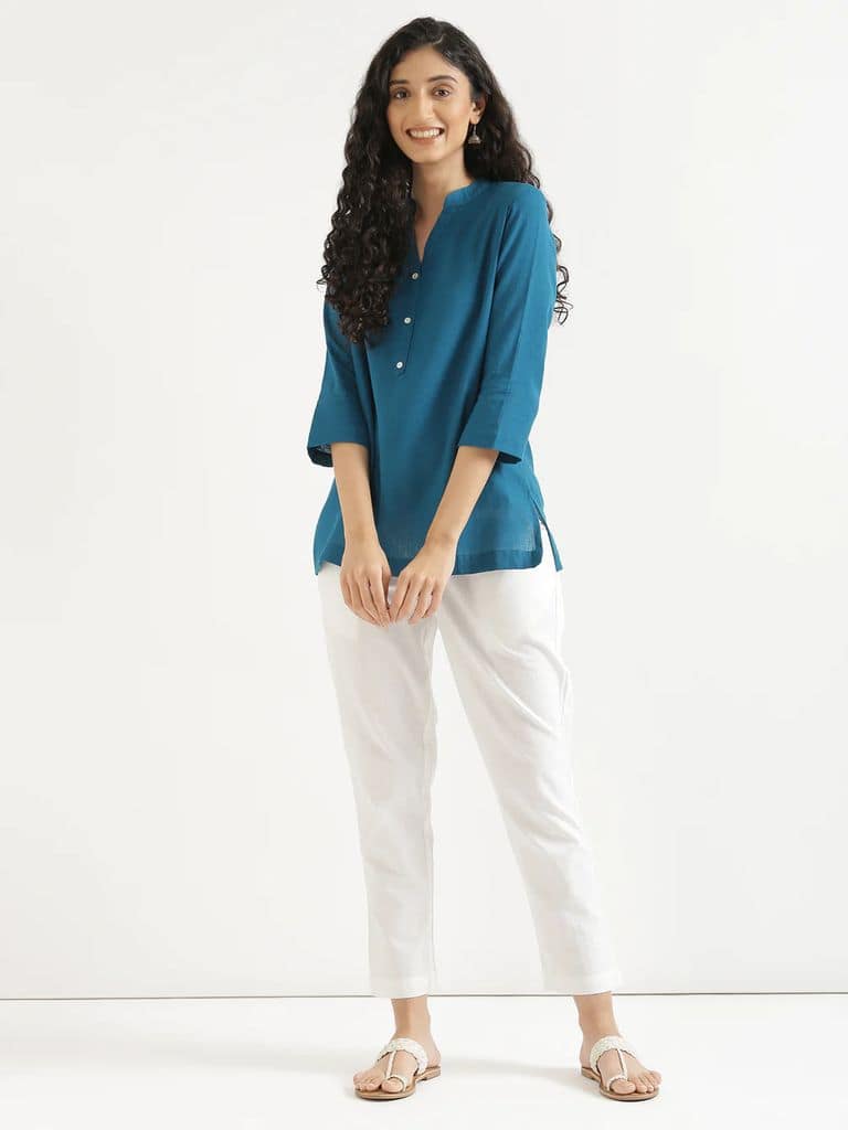 Women's Solid Cotton Kurta with 3/4th Sleeves and Round Neck (Teal Blue) view 8