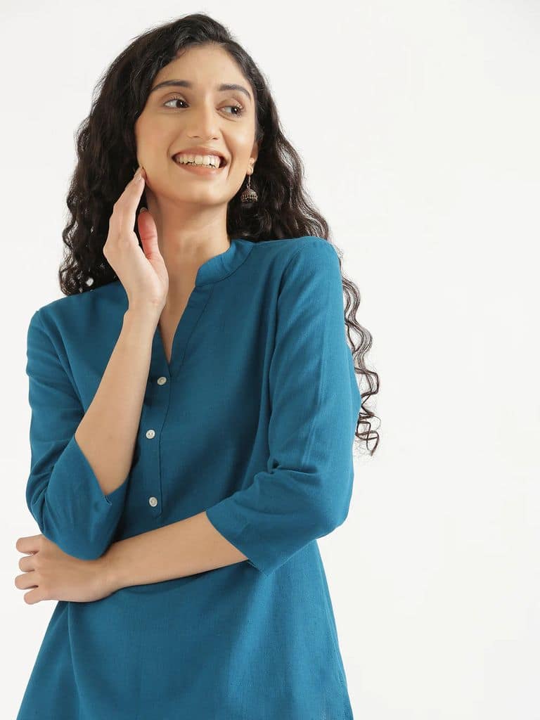Women's Solid Cotton Kurta with 3/4th Sleeves and Round Neck (Teal Blue) view 9