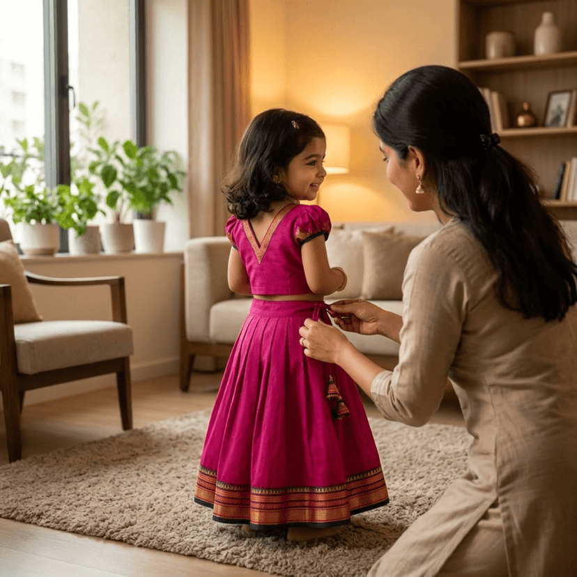 Mom and Me Girls’ Lehenga Choli/Parker Polka/Pattu Pavadai (0 Months–6 Years) | Acrylic Cotton with Soft Cotton Lining | V-Neck, Short Puff Sleeves, Zipper Closure (Pink, 2-3 Y) view 3