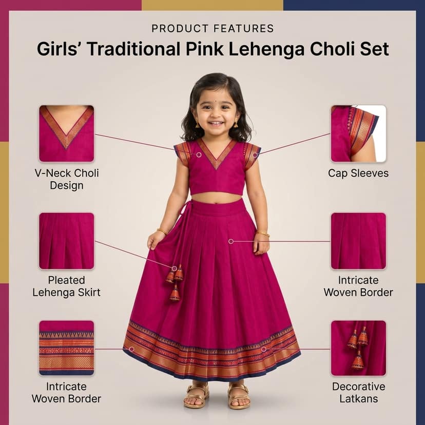 Mom and Me Girls’ Lehenga Choli/Parker Polka/Pattu Pavadai (0 Months–6 Years) | Acrylic Cotton with Soft Cotton Lining | V-Neck, Short Puff Sleeves, Zipper Closure (Pink, 2-3 Y) view 4
