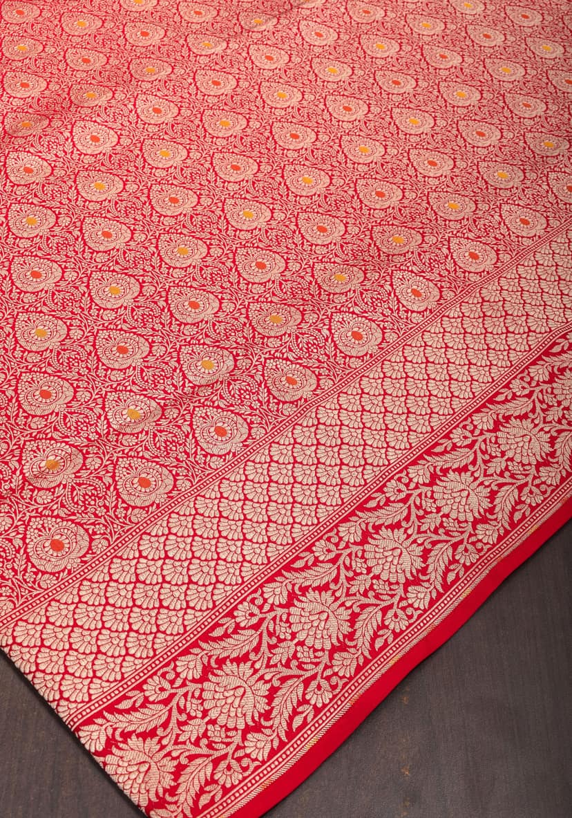 Red Exquisite and Intricate Banarasi Katan Silk Saree with Meenakari Brocade | SILK MARK CERTIFIED view 3