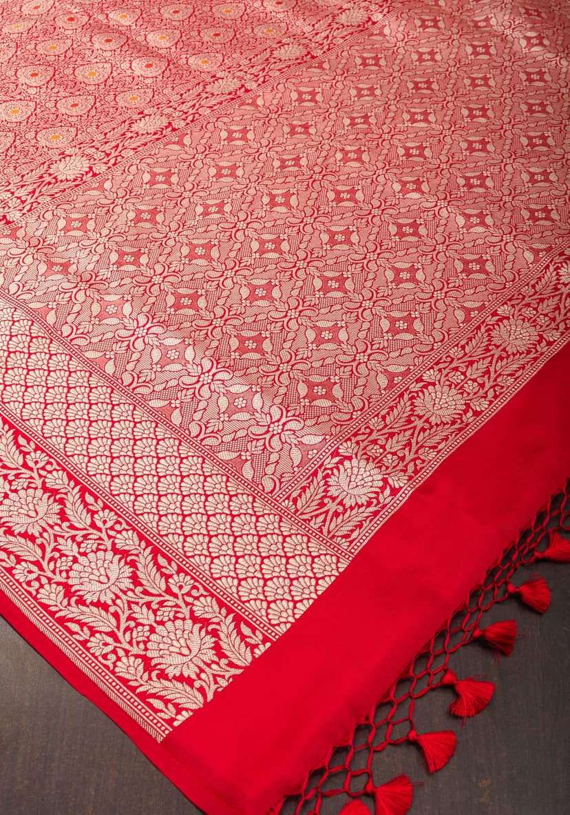 Red Exquisite and Intricate Banarasi Katan Silk Saree with Meenakari Brocade | SILK MARK CERTIFIED view 7