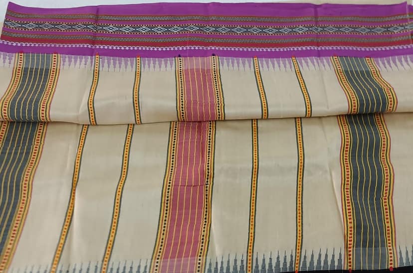 Handloom tussar silk karwathi saree with black and lavender border view 5