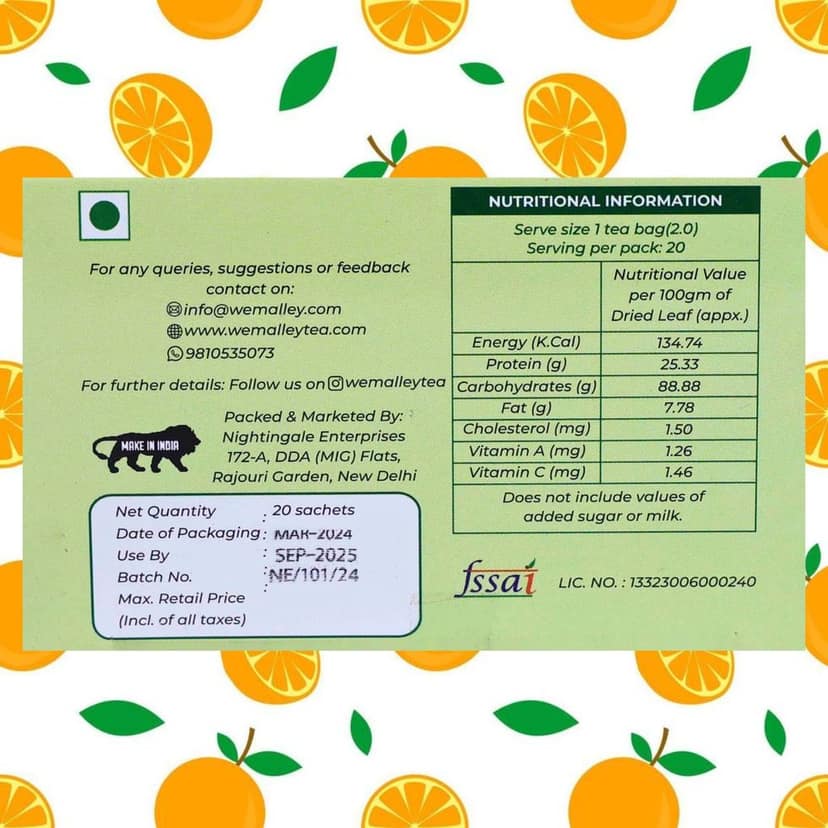 Wemalley Organic Orange Ginger Green Tea Teabags 40 grams| Boosts Immune & Digestive System| Relaxes Respiratory System| Lower Diabetes| Caffeine Free| 20 Teabags view 3