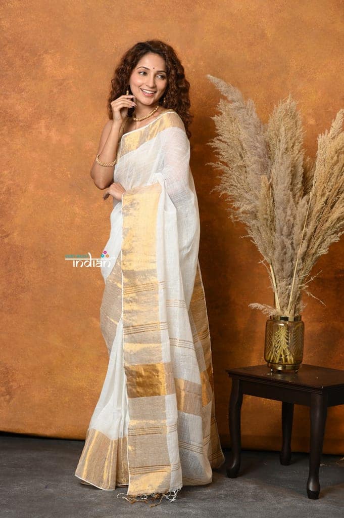Mastaani ~ Handloom Pure Cotton Linen Saree With Golden Border - White view 2