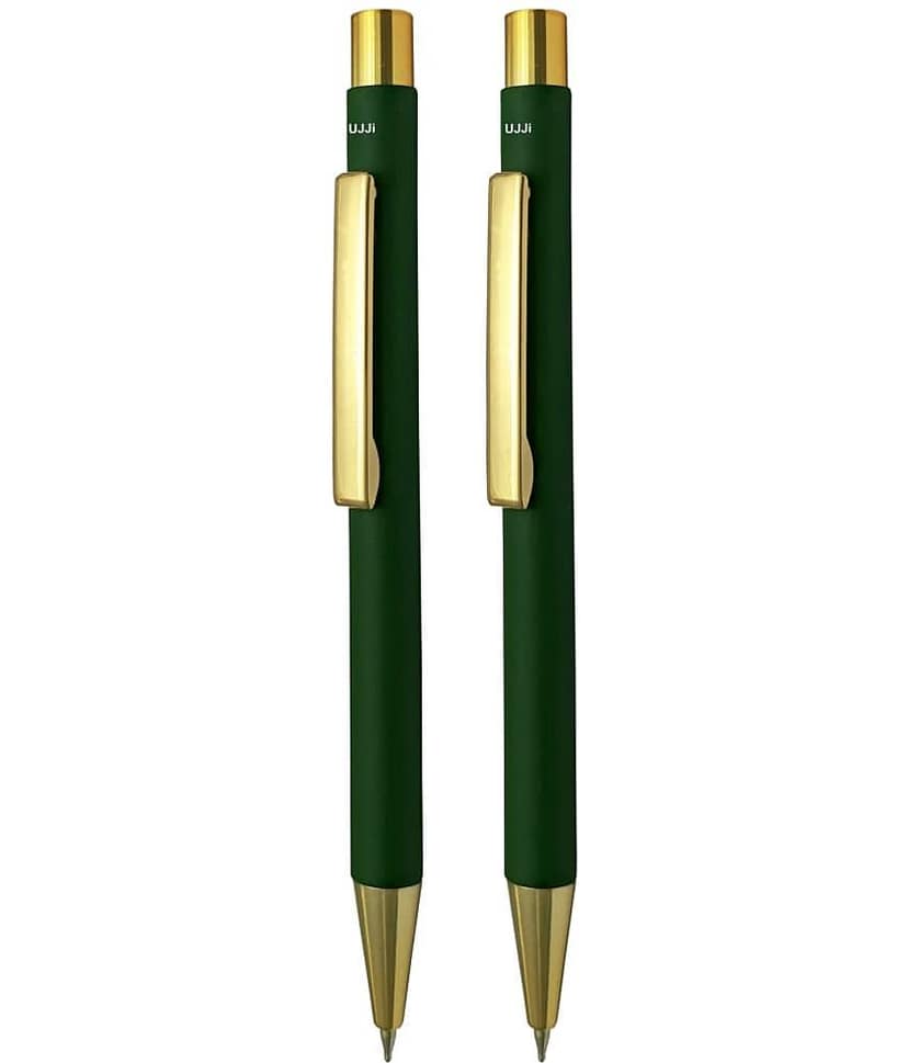 UJJi Green Color Fitted with Medium Point Blue Ink Refill Click ON OFF Pack of 2pcs (Blue Ink) Ball Pen