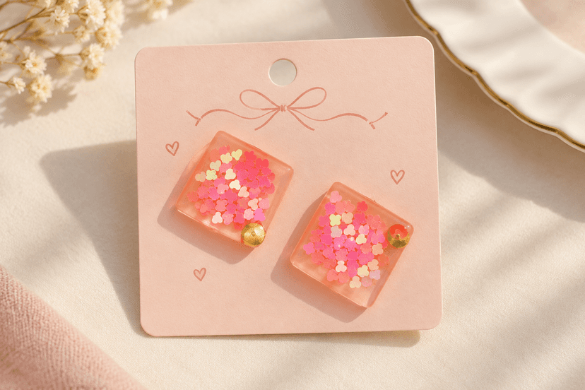 Handmade Square Resin Earrings with Pink Heart Design