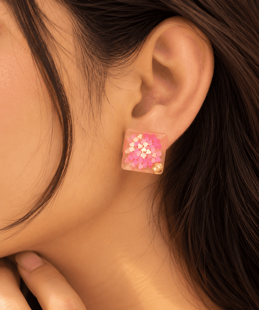 Handmade Square Resin Earrings with Pink Heart Design view 2