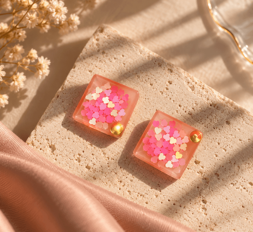 Handmade Square Resin Earrings with Pink Heart Design view 3