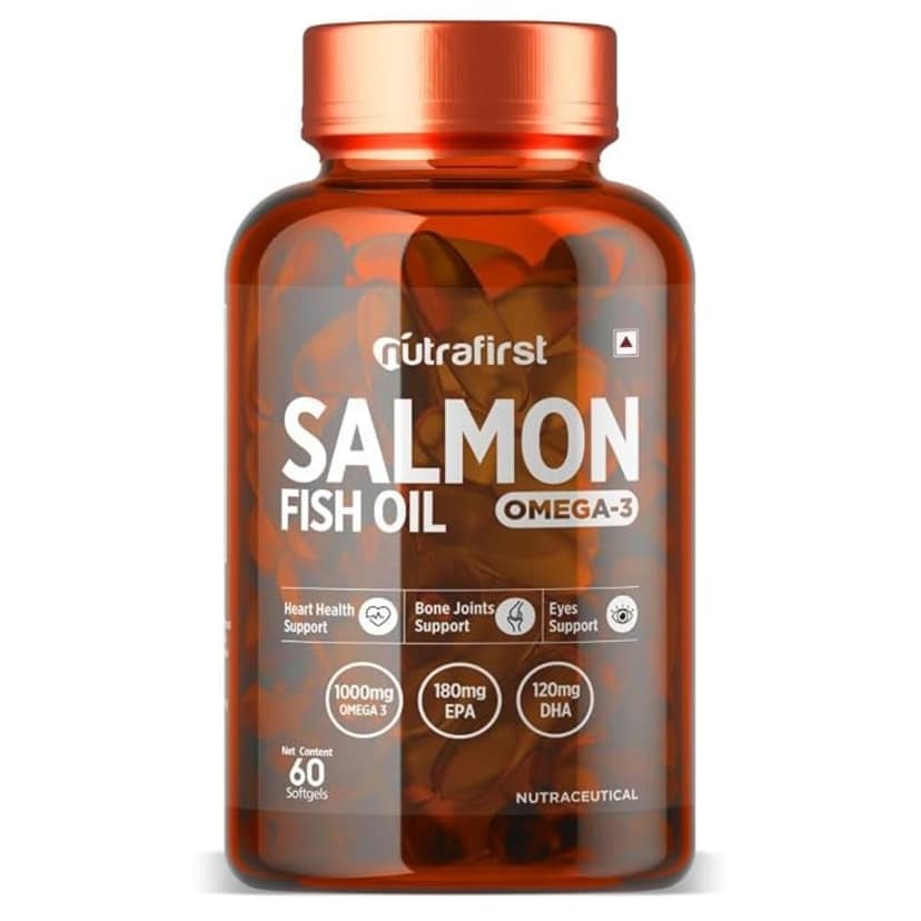 Nutrafirst Salmon Fish Oil Omega-3 Capsules 1000mg with EPA 180mg and DHA 120mg for Heart, Brain, Eye and Joint Health - 60 Softgels, Pack of 1