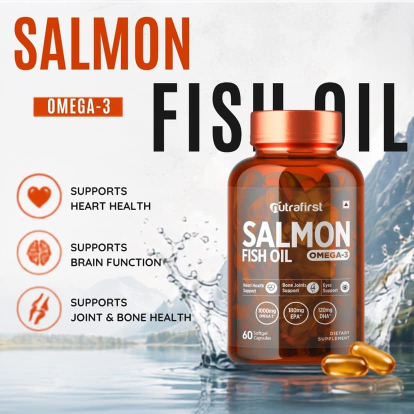 Nutrafirst Salmon Fish Oil Omega-3 Capsules 1000mg with EPA 180mg and DHA 120mg for Heart, Brain, Eye and Joint Health - 60 Softgels, Pack of 1 view 3