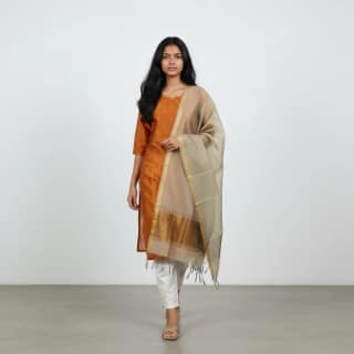 Mustard Raw Silk Kurti with Grey Zari-Border Dupatta, Mangalagiri