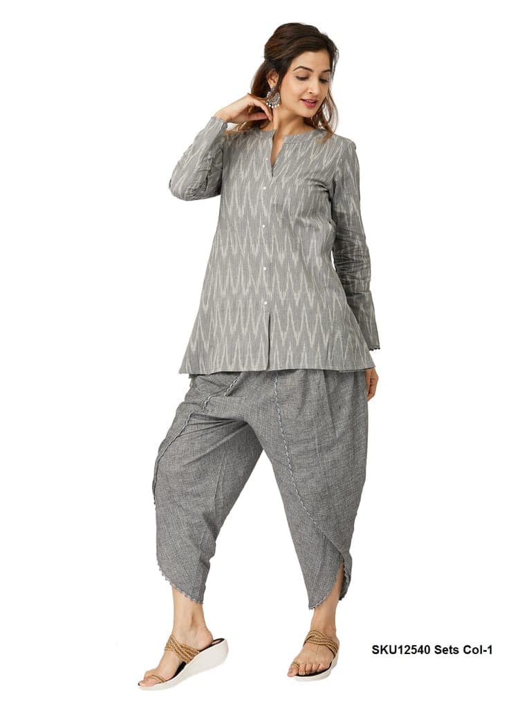 Women's Grey Ikat Print Cotton Tunic with Dhoti Pants Set view 6