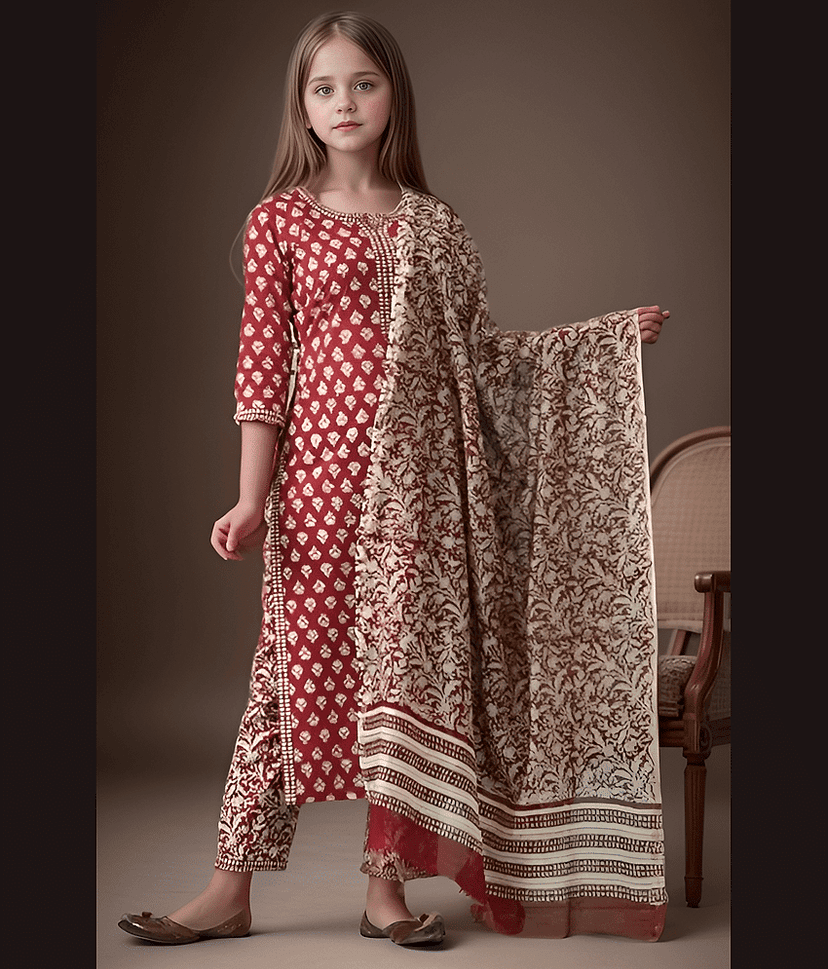 Aarya Designer Girls Cotton Blend Kurta with Trouser ( Pack of 1 , Pink )