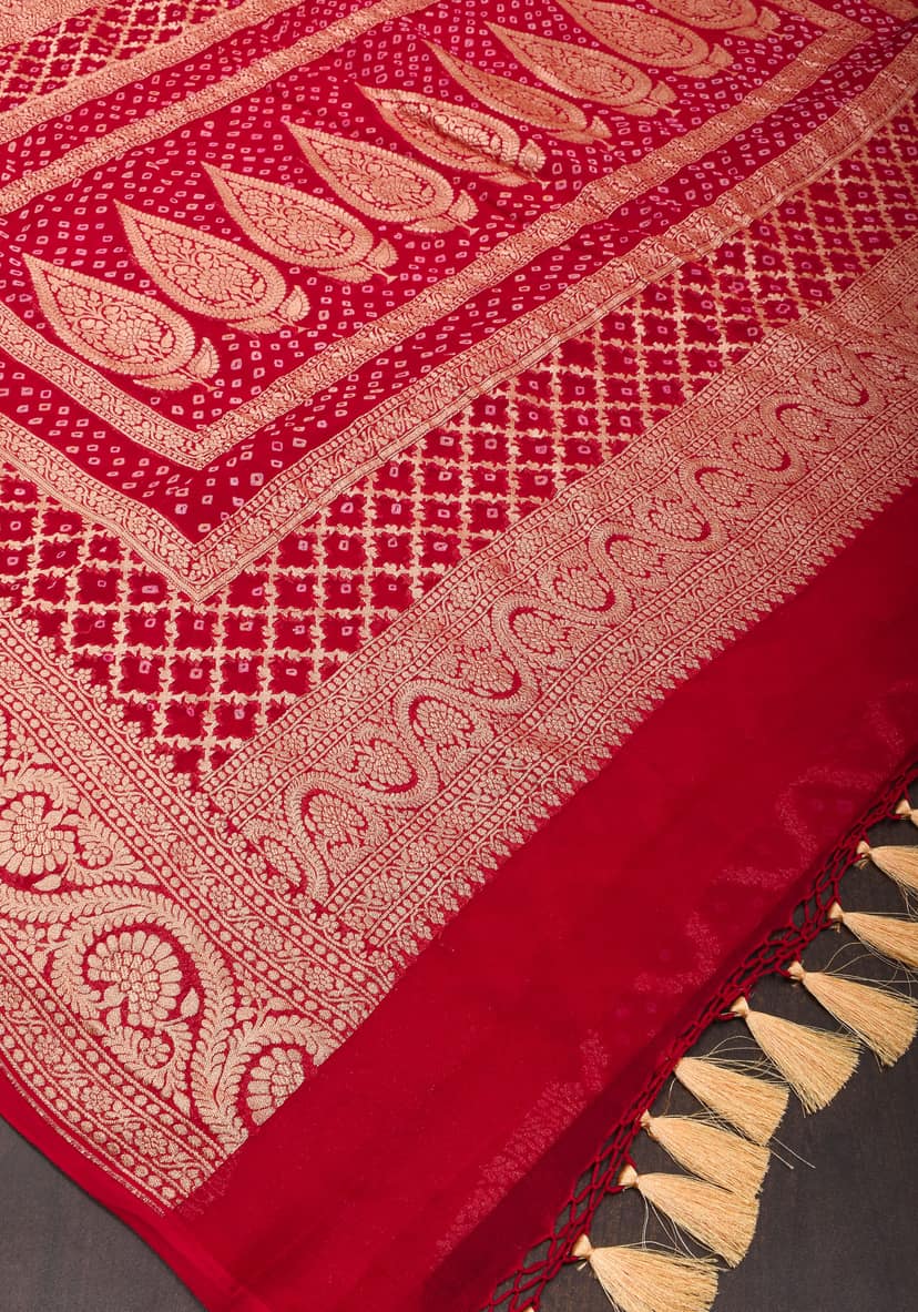Red Authentic Hand Bandhej Banarasi Silk Georgette Saree with Quatrefoil zari Jaal and Koniya Butis | SILK MARK CERTIFIED view 9