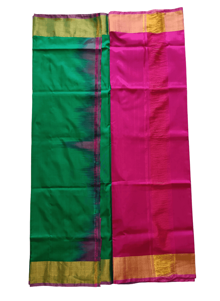Uppada Pattu Plain Saree with Gold Border (Green & Pink) view 4