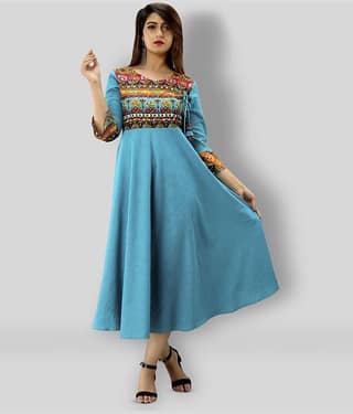 MAHAGEETA - Blue Cotton Women's Flared Kurti ( Pack of 1 )