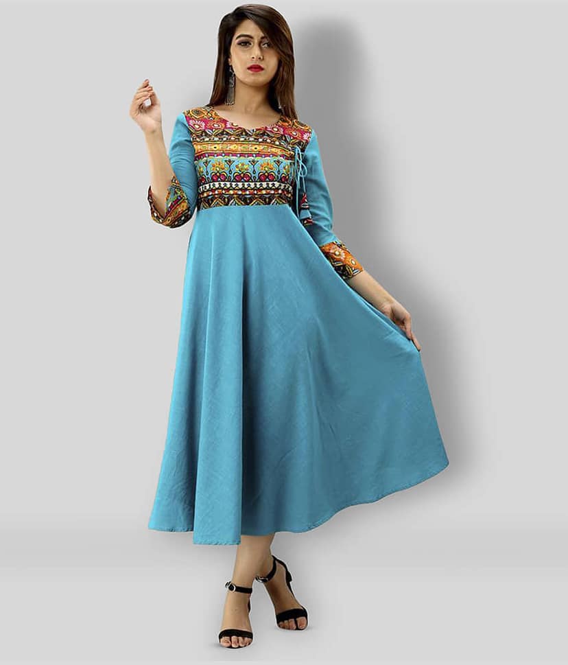 MAHAGEETA - Blue Cotton Women's Flared Kurti ( Pack of 1 )