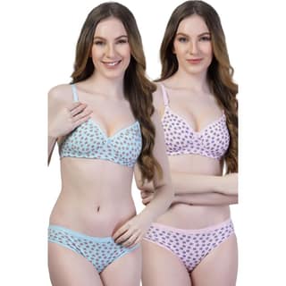 adornstar Women Cotton Lingerie Set with Stars Print Design | Non Wired and Non Padded Bra with Full Coverage Hipster Panty Set | Stylish and Soft Stretchable Fabric (Pack of 2)