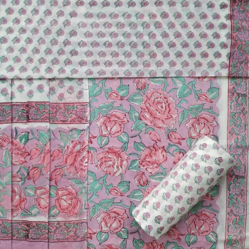 Rose Jaal Print Cotton Suit Set with Mulmul Dupatta (PRMUL404) view 2