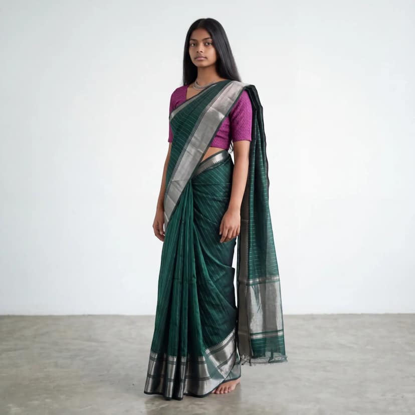 Bottle Green Mangalgiri Silk-Cotton Saree with Temple Border view 2
