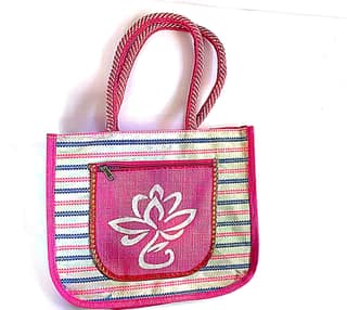 Small Striped Jute Bag with Pink Lotus Applique