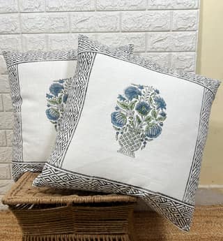Indihomecraft Hand Block Print Boho Decor Off White Cushion Covers for Sofa Chair Or Outdoor Living Room Cushions Cover, Set of 2
