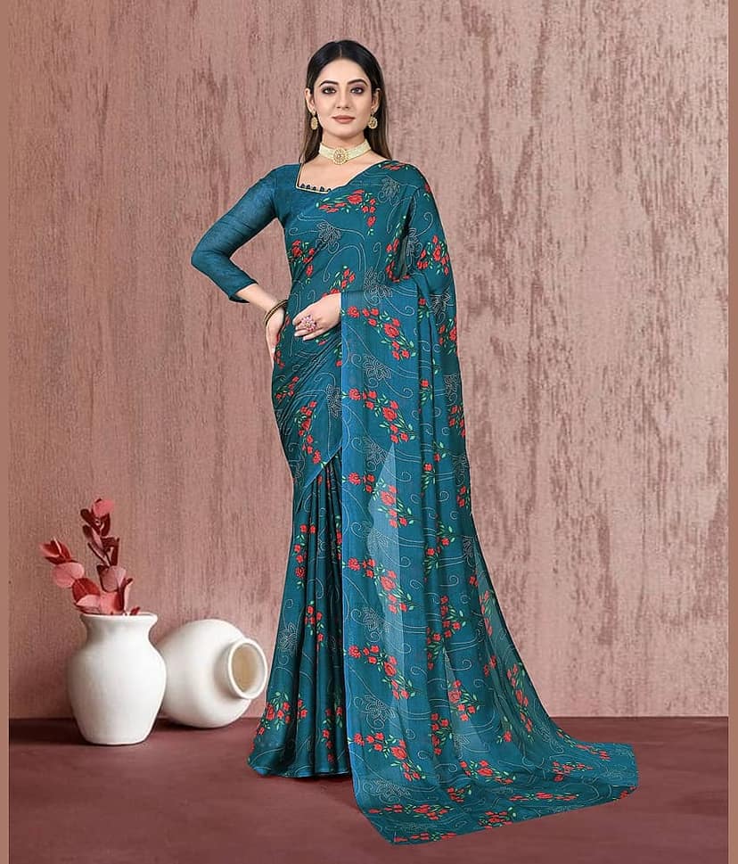 BLEESBURY Chiffon Printed Saree With Unstitched Blouse Piece ( Light Blue )