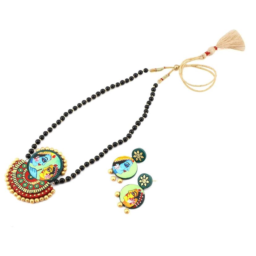 Ekam Ek terracotta necklace with earrings for women and girls for casual and formal wear for suit saree and skirt in multicolour radha krishna motive view 2