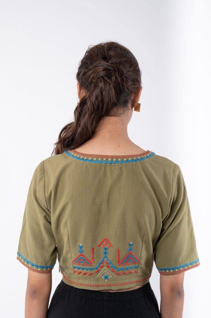Shifrah Soof Embroidered Olive Half Sleeve Blouse view 8