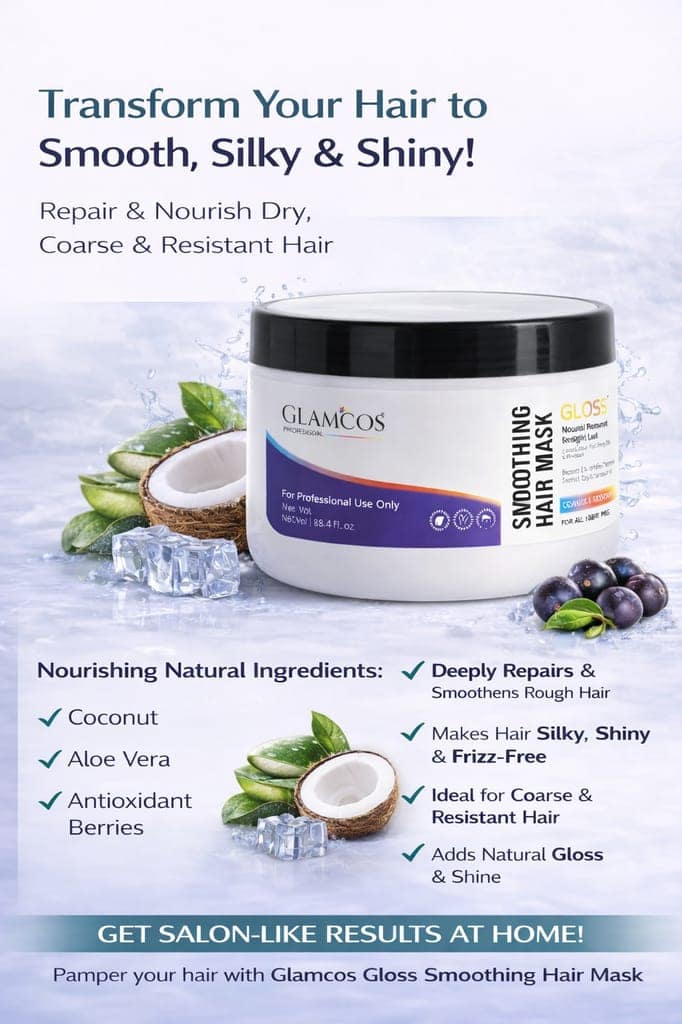 Glamcos Professional Gloss Smoothing Hair Mask | Salon Professional Hair Mask for Coarse & Resistant Hair | Smooth, Silky & Shiny Hair | Repairs & Nourishes Dry & Damaged Hair | For All Hair Types – 250ml view 3