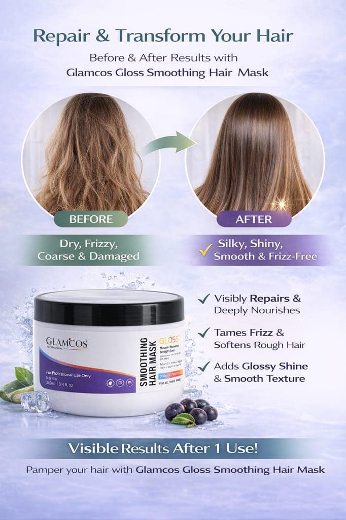 Glamcos Professional Gloss Smoothing Hair Mask | Salon Professional Hair Mask for Coarse & Resistant Hair | Smooth, Silky & Shiny Hair | Repairs & Nourishes Dry & Damaged Hair | For All Hair Types – 250ml view 4