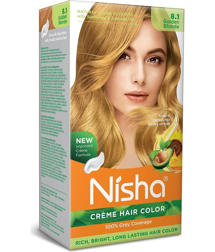 Nisha Creme Hair Color 8.1 Golden Blonde 120g, Permanent Hair Colour with Henna Extract, 100% Grey Coverage