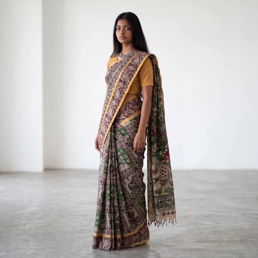 Pedana Kalamkari Print Saree Cream Olive Green view 2