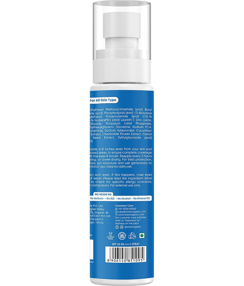 Aravi Organic Sunscreen , SPF 50 PA++++ Dual Mineral Sunscreen Body Spray with Zinc Oxide , 100 ml view 2