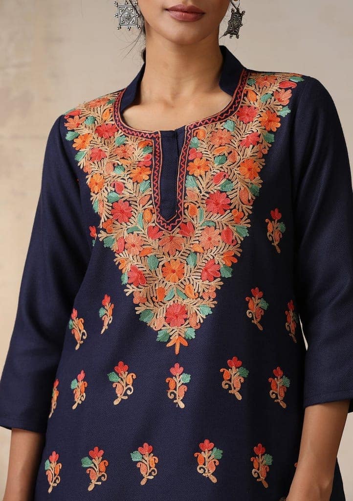 HOC Crafts Woollen Aari Embroidered Solid Women's 2 PC Short Kurta Set - Blue view 2