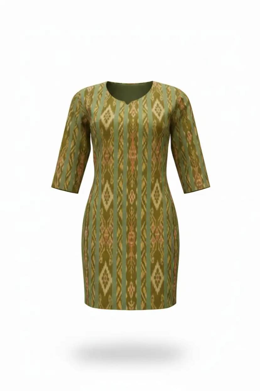 Sambalpuri Ikat Diamond Olive-Odisha Handloom Cotton Kurti